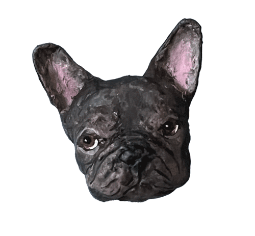 Handmade papier-mâché portrait of a black French bulldog
